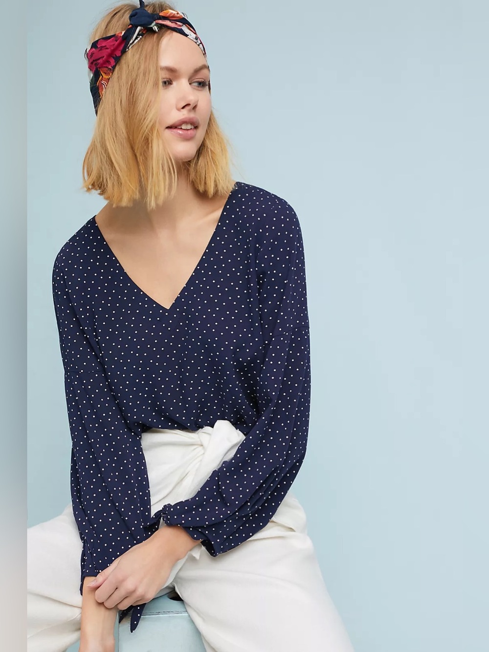 NWT Maeve Pernille Tie-Sleeve Blouse in Navy, Size XS